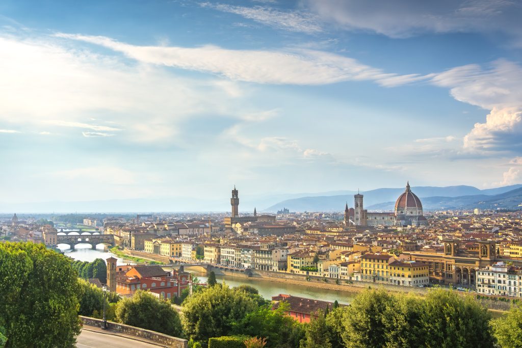 Florence or Firenze aerial cityscape in a beautiful day. Panoramic view from Piazzale Michelangelo. Ponte Vecchio, Palazzo Vecchio and Cathedral historical monumental architecture. Tuscany region, Italy, Europe