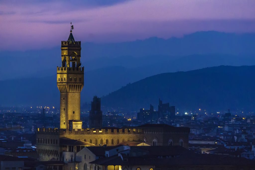 Palazzo della signoria in Florence, Italy night view panorama